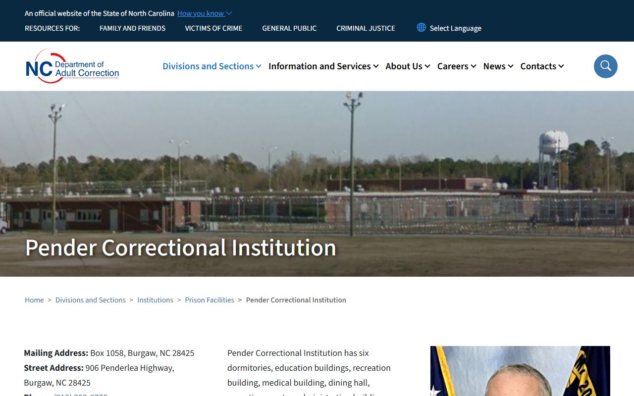 NC DAC Pender Correctional Institution facility page