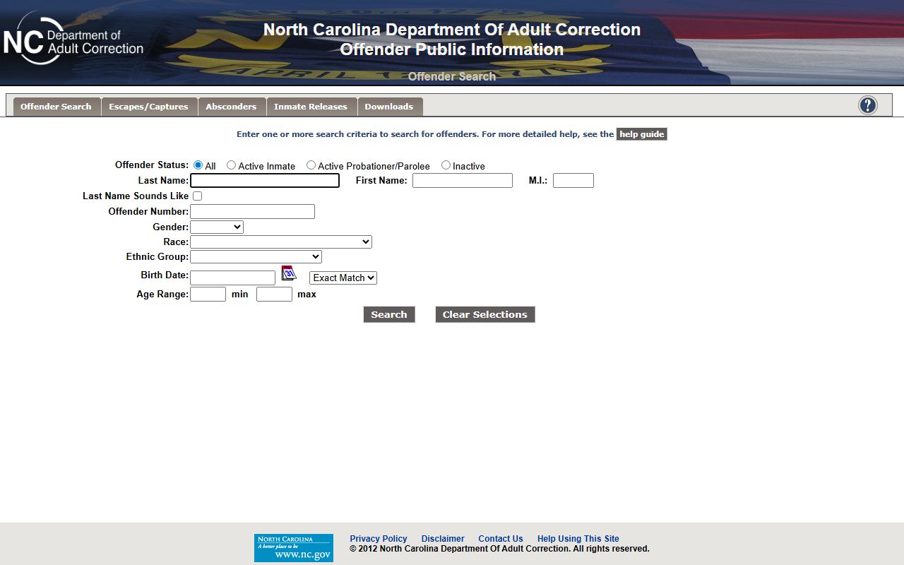 NC DAC Offender Public Information Search form