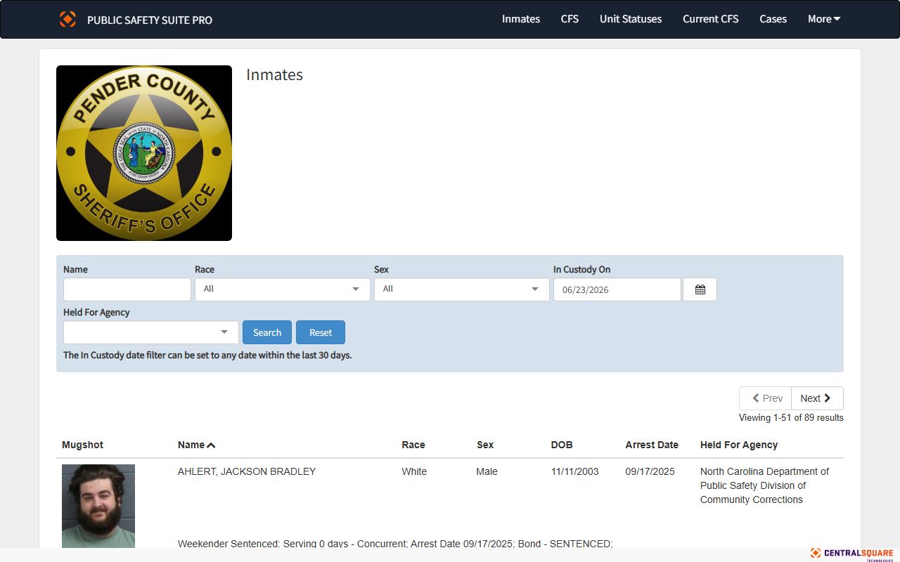 Pender County CentralSquare Zuercher inmate lookup interface